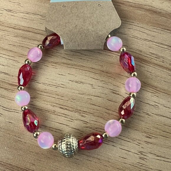 Glass Pink and Acrylic Red Beaded Stretchy Bracelet with Gold Accents - Picture 2 of 2